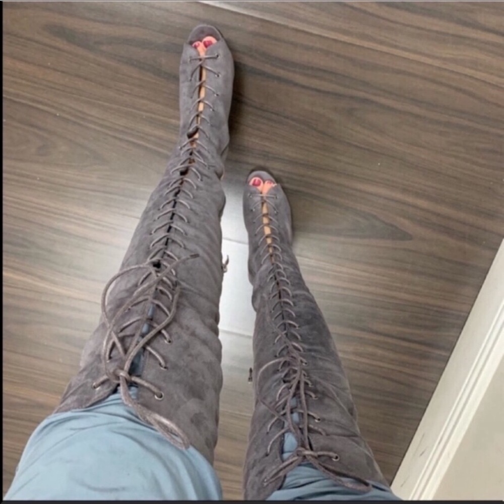 BETANI Gray Over The Knee Peep Toe Heeled Boots - Picture 3 of 4